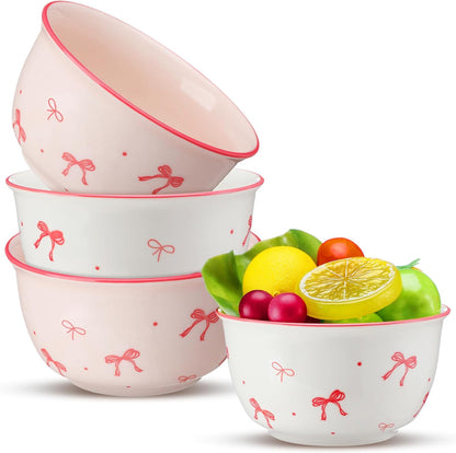 Maxdot 4 Pcs Pink Bow Ceramic Bowls Set 4.5 Inch 10oz Cute Bowls Aesthetic Under Glaze Dinnerware for Kitchen Kitchen Dining Serving Decorative Porcelain Dishes for Couples Families Daily Use Gifting