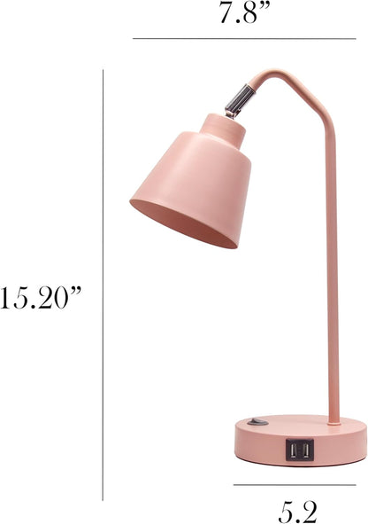 Simple Designs LD1071-BPK 16" Sleek Essentials Adjustable Metal Desk Task Lamp with Dual USB Ports, for Office, Desk, Nightstand, Dorm, Blush Pink