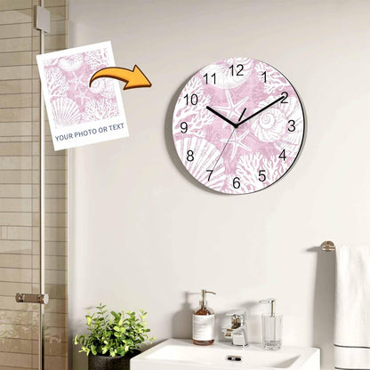 Ocean Wall Clock Battery Operated Non-Ticking 12" Round Wood Clocks, Coral Shell Starfish Coastal Marine Pink Kitchen Wall Clock for School Bathroom Living Room Home Office Wall Decor