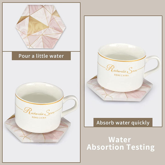 6 Pack Pink Marble Coasters with Holder Gold Absorbent Drink Unique Coaster Cute Ceramic Table Coaster Set Funny Kitchen Accessories Decorative Bar Coster Modern Coffee Table Decor Cup Coasters