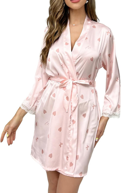 codcm Womens Silky Stain Robe Cute Print Bathrobe V Neck Lace Trim Kimono Soft Bridal Bridesmaid Short Robes