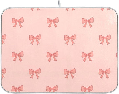 Bow Light Pink Dish Drying Mat for Kitchen Counter with Absorbent Quick Dry Slip Resistant Dish Drying Pad for Sink Coffee Bar Draining Racks, 16 x 18 Inches
