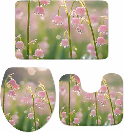 Bathroom Rugs and Mats Sets 3 Piece Pink Flower Bathroom Rugs Set Non Slip Water Absorbent Sunlight Dewdrop Scenery Shower Bath Mats U-Shape Contoured Toilet Mat Lid Cover 20"x31"+16"x18"+16"x20"