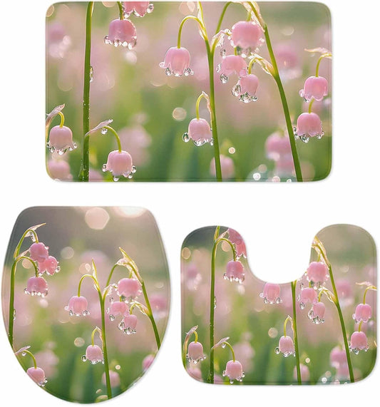 Bathroom Rugs and Mats Sets 3 Piece Pink Flower Bathroom Rugs Set Non Slip Water Absorbent Sunlight Dewdrop Scenery Shower Bath Mats U-Shape Contoured Toilet Mat Lid Cover 20"x31"+16"x18"+16"x20"
