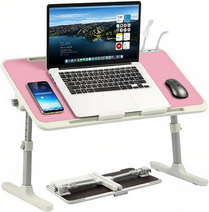 Adjustable Laptop Desk for Bed & Sofa, Height and Angle Adjustable Lap Desk with USB Cooling Fan & LED Light, Foldable Portable Laptop Table Stand for Home, Floor, Adults & Kids, Pink