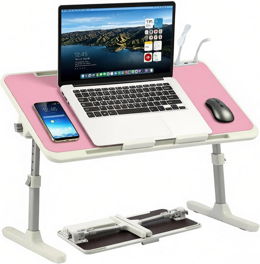 Adjustable Laptop Desk for Bed & Sofa, Height and Angle Adjustable Lap Desk with USB Cooling Fan & LED Light, Foldable Portable Laptop Table Stand for Home, Floor, Adults & Kids, Pink