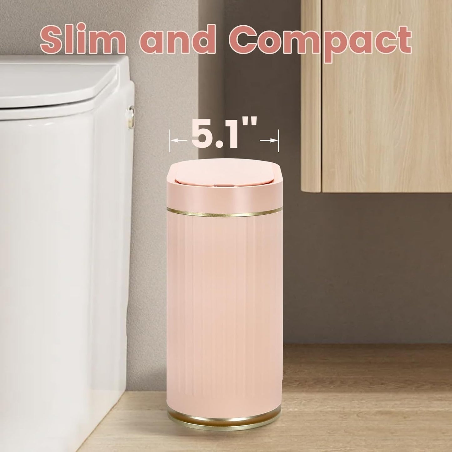 ELPHECO Bathroom Trash Can 2 Gallon Plastic Smart Garbage Can Waterproof Wastebasket Bathroom Decor Narrow Garbage Bin with Automatic lid for Bedroom, Kitchen (Pink Gold)