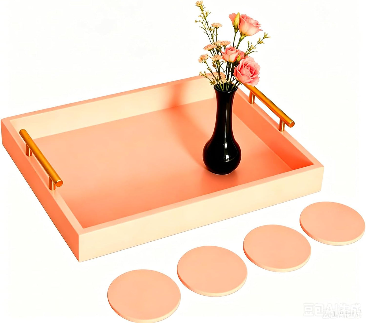 Serving Tray 16.5“X 13“ Deluxe Wooden Ottoman Tray, Food Tray for Eating, Dinner Trays for Eating on Couch Coffee Table with Polished Gold Metal Handles-4 Round Coasters Included（Pink）