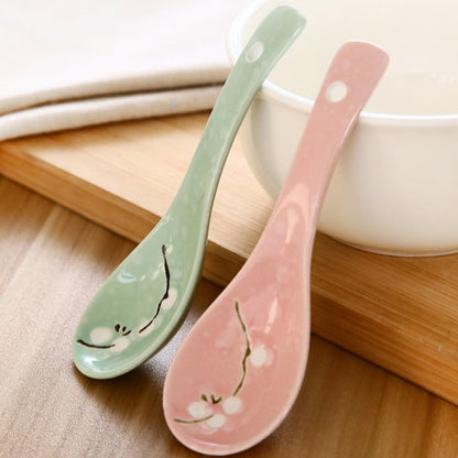 6pcs Japanese Ceramic Porridge Spoons Set Snowflake Pattern Pink Kitchen Utensils for Home Dining and Restaurant Use