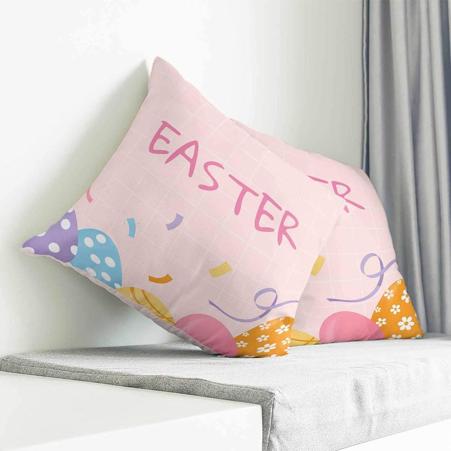 Easter Eggs Throw Pillow Cover Purple Blue Yellow Pink Eggs Light Orange Background Cotton Linen Cushion Cover Throw Pillow Case with Invisible Zipper for Couch Sofa Bed Chair Car 18x18 Inch