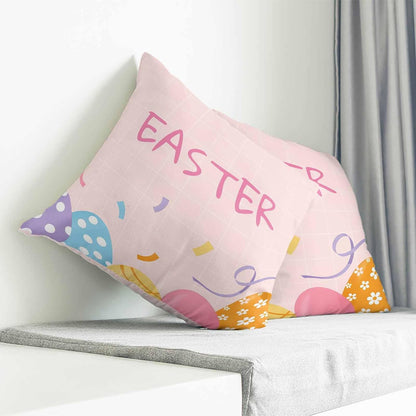 Easter Eggs Throw Pillow Cover Purple Blue Yellow Pink Eggs Light Orange Background Cotton Linen Cushion Cover Throw Pillow Case with Invisible Zipper for Couch Sofa Bed Chair Car 18x18 Inch