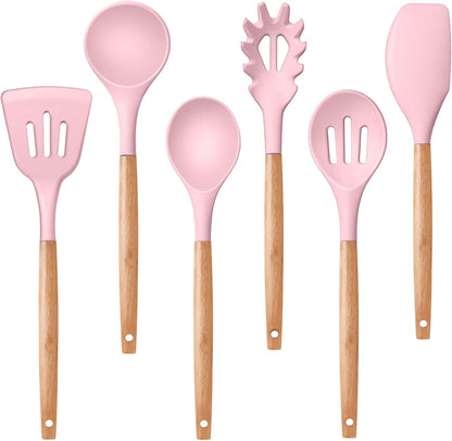 P&P CHEF Cooking Utensils Set, 6 PCS Kitchen Utensils with Wooden Handle, Silicone Spatula for Nonstick Cookware, Easy Clean & Non-toxic, Pink