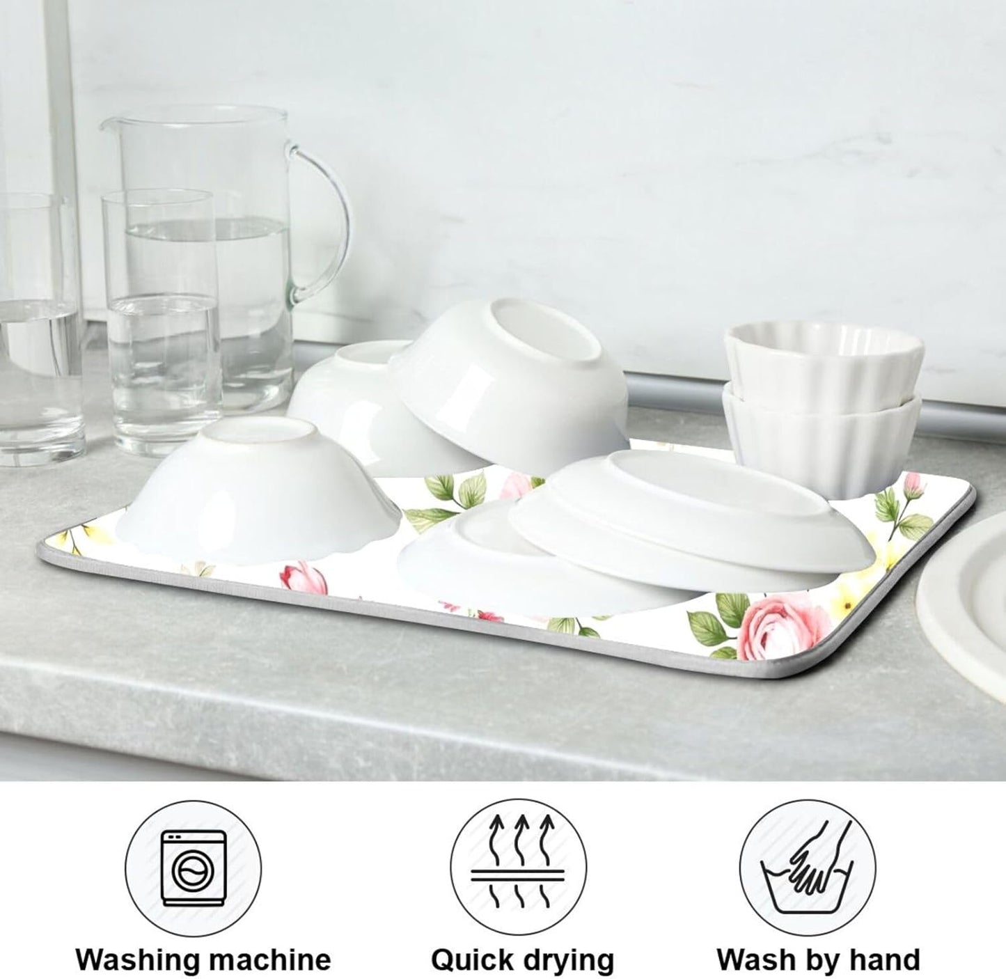 Flower Dish Drying Mat for Kitchen Counter, Pink Rose Flower Floral Drying Pad Absorbent Dishes Drainer Mats Trivet 16 x 18 Inch