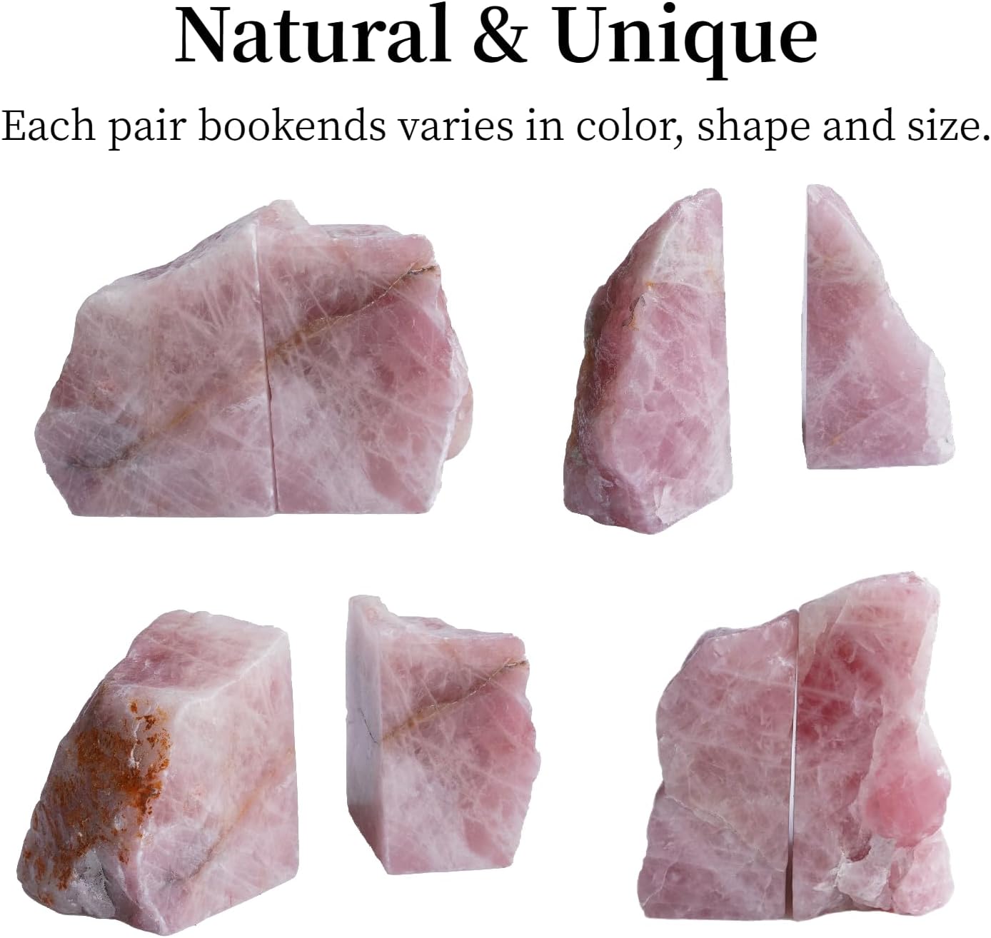 Rose Quartz Bookends - Decorative Stone Book Ends for Office Home Decor, Pink Crystal Book Lover Gift (1 Pair, 2-3 Lbs with Non-Slip Bumpers)