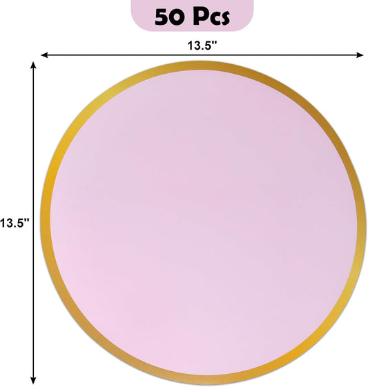 Round Paper Placemats with Gold Border 50 Count 13.5 Inch Disposable Table Mats Laminated Durable Party Wedding Banquet Dining Table Decor (Pink)