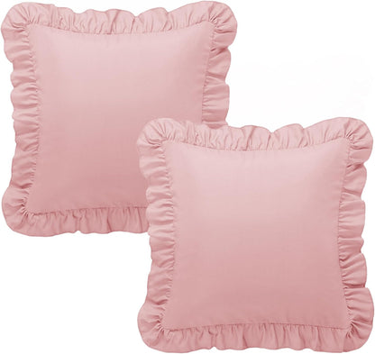KKJIAF Ruffle Pillow Cases 18x18 Inches, Light Pink Square Ruffled Pillow Covers Set of 2, Microfiber Wrinkle Resistant Pillow Shams with Envelope Closure for Sofa Bed Living Room