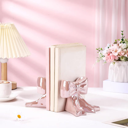 Leinuosen 2 Pcs Pink Bow Bookends Ceramic Cute Book Ends Decorative Book Stand Bow Sculpture Statues Tabletop Shelf Ornament Room Decor for Home Office School Dorm Girl Desk