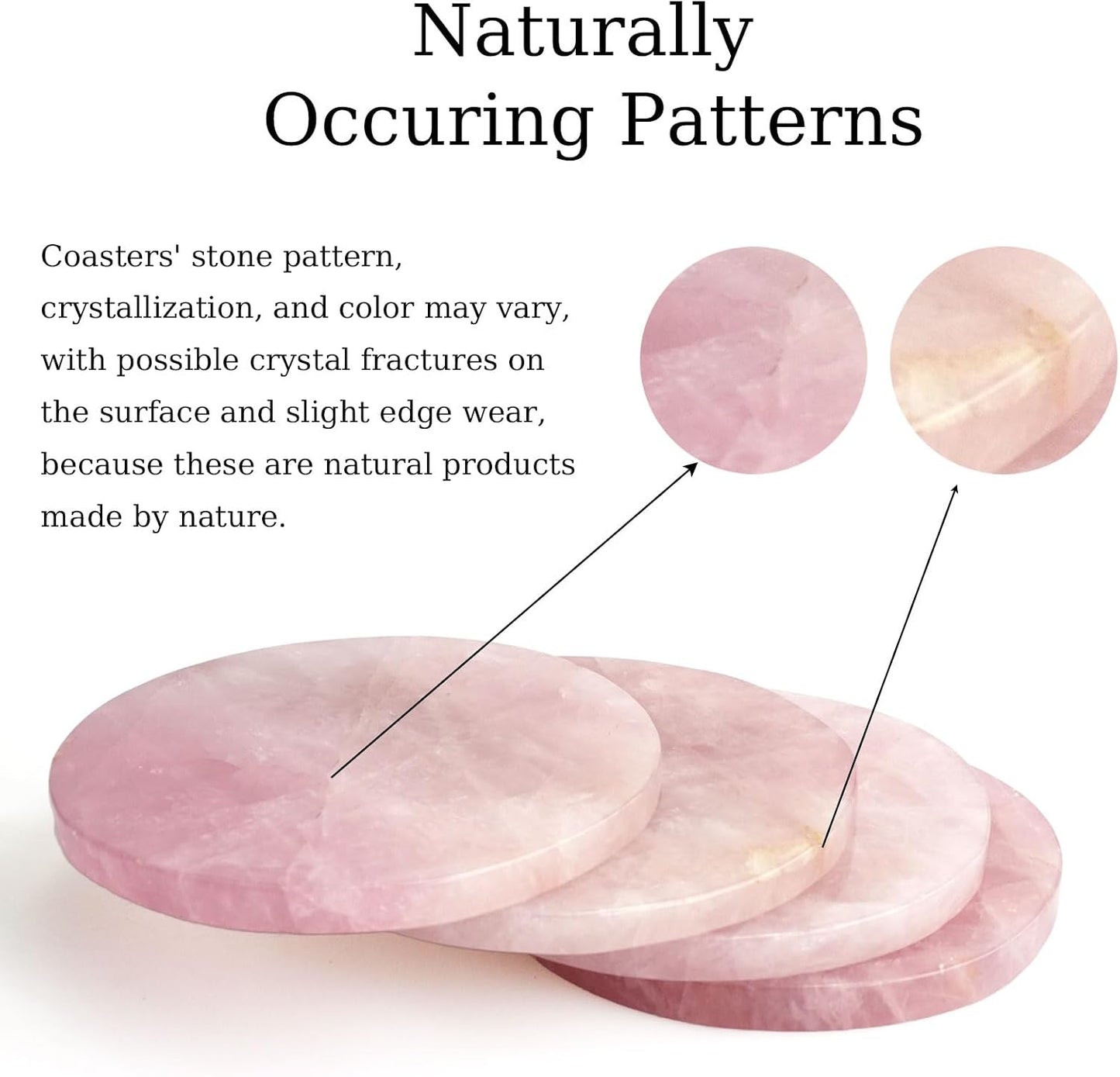 Rose Quartz Coasters Round Set of 4 - Natural Pink Crystal Stone Drink Coasters 4" with Rubber Bumpers for Home Decor, Wedding Gift, Vanity Tray