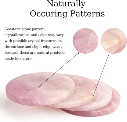 Rose Quartz Coasters Round Set of 4 - Natural Pink Crystal Stone Drink Coasters 4" with Rubber Bumpers for Home Decor, Wedding Gift, Vanity Tray