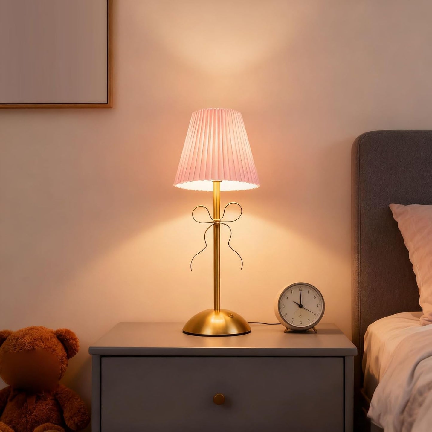 Cordless Table Lamp, 13 Inch Bow Table Lamp, Small Desk Lamp with Fabric Shade, Modern Decorative Bedside Light Small Princess Desk Lighting for Girls Room Princess Room Bedrooms (Pink)