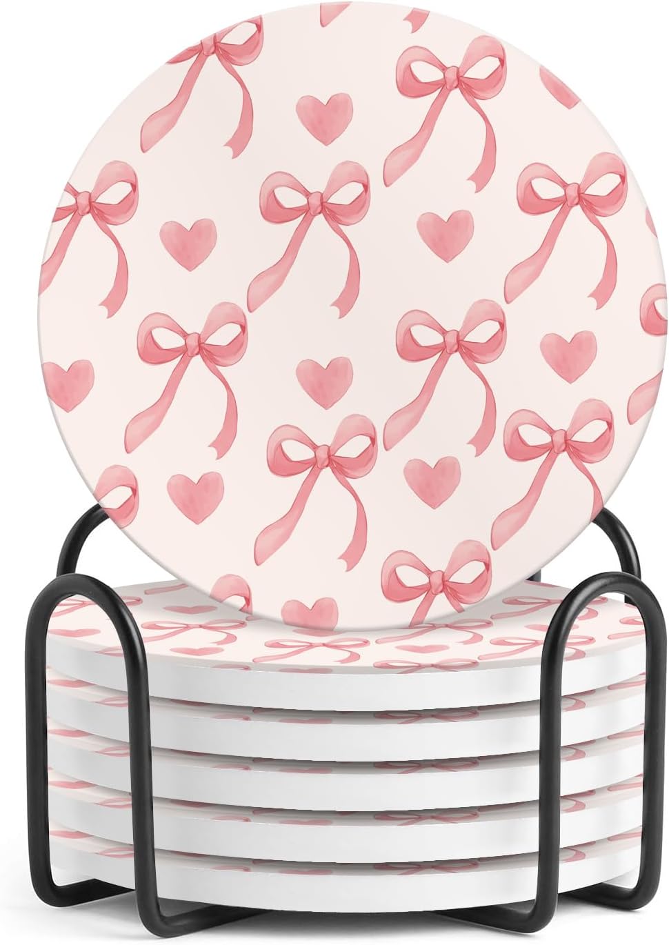 6Pcs Ceramic Coasters with Holder, Absorbent Drink Coasters, Coffee Cup Coaster,Round Ceramic Table Coasters Set Decorative Pink Bow