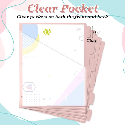 Epakh 12 Pcs Binder Dividers for 3 Rings Binders Index Dividers with Two Clear Pockets Plastics Sheets Protectors with Tab Labels for School Office Organization (Pink)