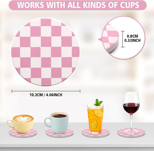 2 Pack Ceramic Absorbent Coasters for Drinks, Heat Resistant Drink Coasters for Desk, Pink Coaster Set for Coffee Table, Non-Slip Cup Coaster with Cork Backing, Posavasos for Kitchen Home Decor Gifts
