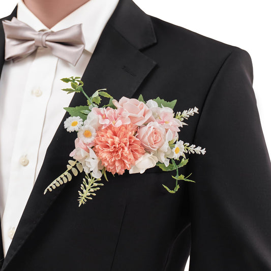 TingeTime Single Pocket Boutonniere for Man Groom, Best Man Boutonniere for Wedding Ceremony Anniversary, Formal Dinner Party and Rustic Spring Wedding Marriage(PeachPink&White)