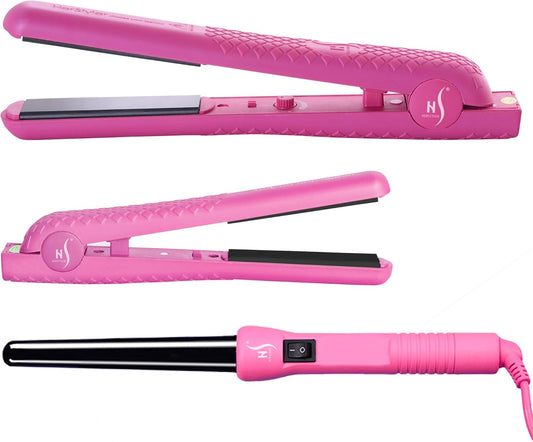 HerStyler Straightener Curling Iron Combo - Mini Flat Iron, Ceramic Hair Straightener and Curler Set - for All Hair Types - Dual Voltage - Travel Friendly - Pink