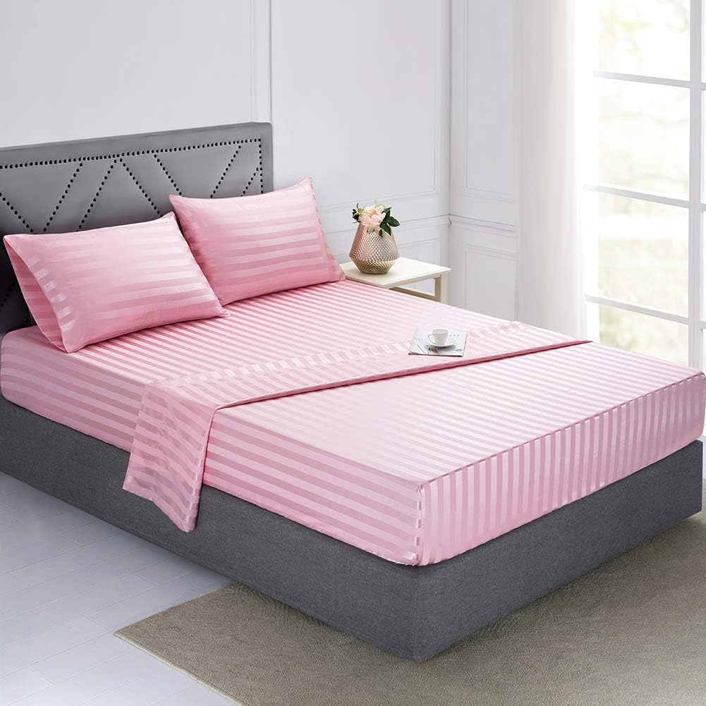 Lanest Housing Satin-Silk Sheets Full Size Bed Set, Pink Soft Cooling Deep Pocket Sheets, Hypoallergenic, Wrinkle and Fade Resistant Bedding Set, Striped