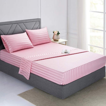Lanest Housing Satin-Silk Sheets Full Size Bed Set, Pink Soft Cooling Deep Pocket Sheets, Hypoallergenic, Wrinkle and Fade Resistant Bedding Set, Striped
