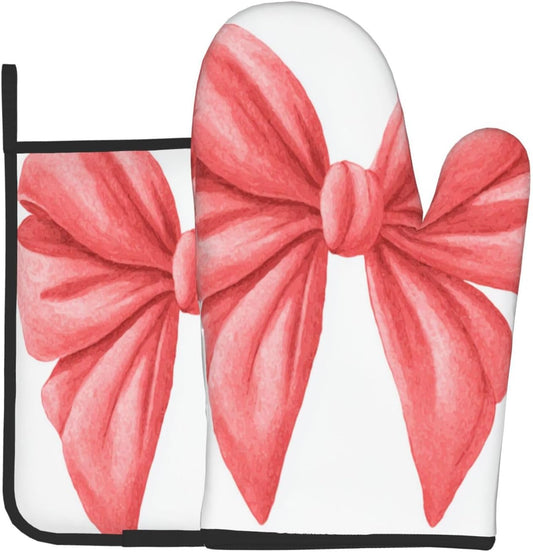 Watercolor Cute Bow Light Red and Pink Oven Mitts and Pot Holders Sets,Heat Resistant Potholder Kitchen Decor for Cooking Baking BBQ, Oven Glove Set