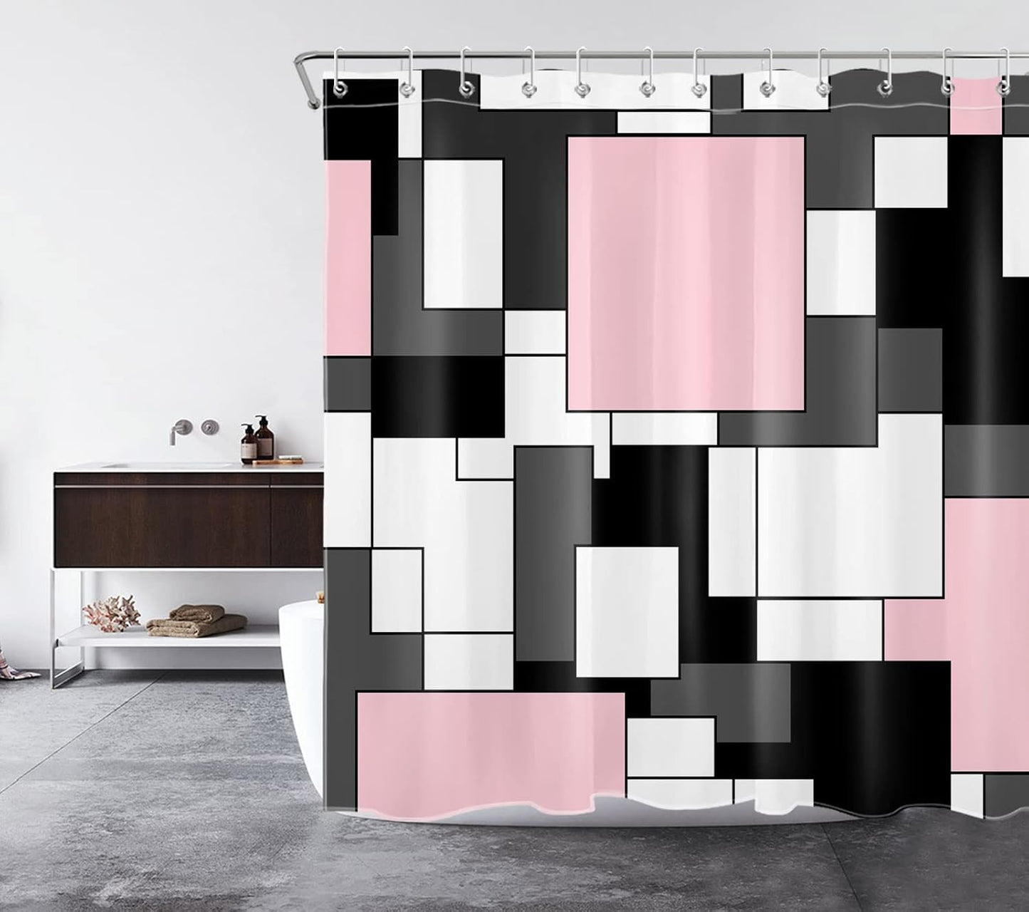 Modern Pink Shower Curtain for Bathroom, Grey Black and White Abstract Mid Century Minimalist Geometric Shower Curtains 72X72 inch Polyester Fabric Bathroom Decoration Bath Curtains Hooks Included