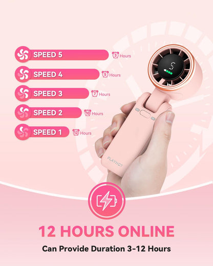 PlayHot Portable Handheld Turbo Fan, 5-Speed Personal Fan, USB-C Rechargeable Fan Up to 12 Hours, 3 IN 1 Hand Fan with Air Turbo Tech Cooling, Travel Fan for Cruise, Beach, Gifts for Women (Pink)