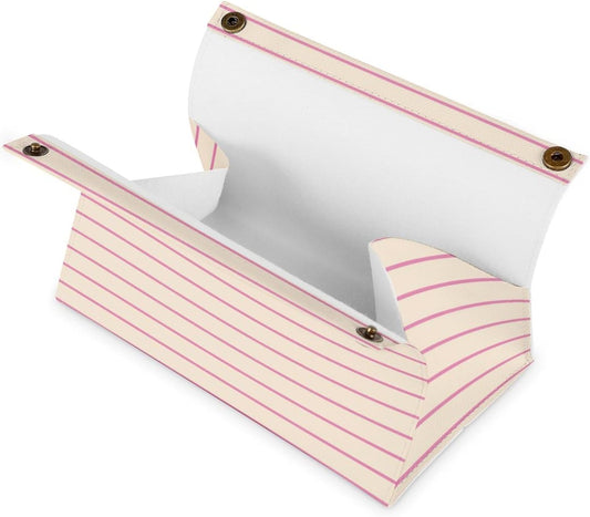 Pink and Ivory Stripes Geometric Pattern Tissue Box Cover PU Leather Facial Tissue Dispenser Box for Office Car & Bathroom