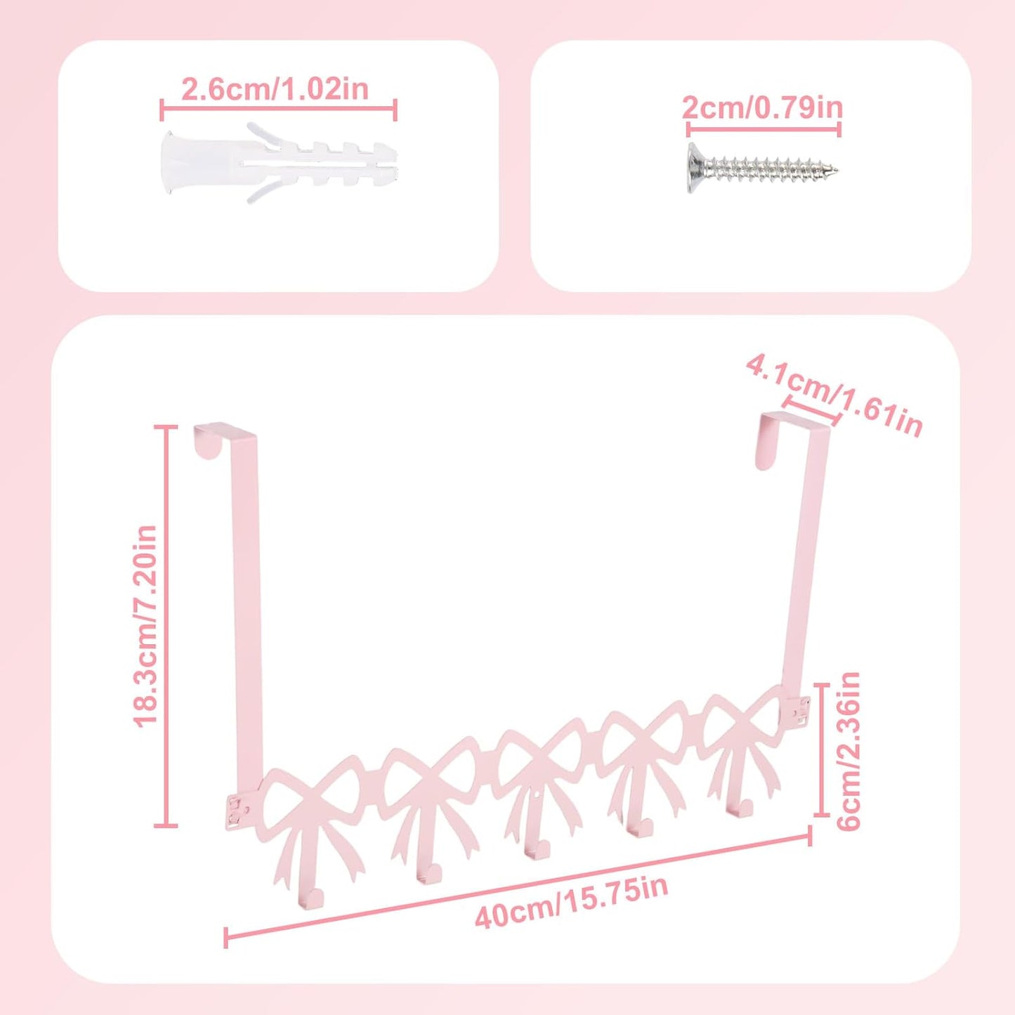 Pink Bow Over The Door Hooks, 5 Hooks Cute Wall Mount Towel Rack Organizer Farmhouse Rustic Coquette Bow Knot Towel Hat Clothes Storage Hanger for Bedroom Bathroom Decor