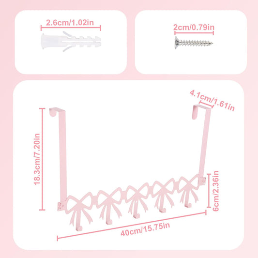 Pink Bow Over The Door Hooks, 5 Hooks Cute Wall Mount Towel Rack Organizer Farmhouse Rustic Coquette Bow Knot Towel Hat Clothes Storage Hanger for Bedroom Bathroom Decor