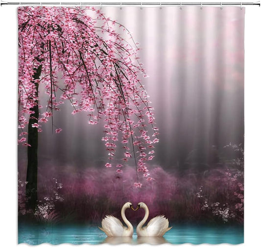 Cherry Blossoms Swan Shower Curtain Pink Peach Blossom Tree Flowers Lovers Swans Heart Shaped Dream Spring Garden Romantic Floral Plants Animals Valentine's Day Girl Gift Bathroom Bathtub Decor