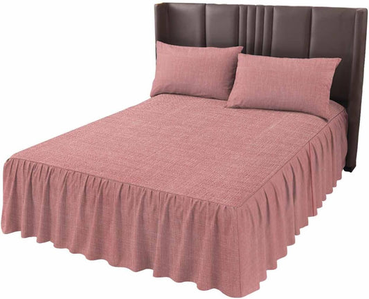 Bed Skirt for Twin Size Bed 18 Inches Drop Peach Pink Linen Ruffled Bedding Sheet Sets Soft Bedspread Farmhouse Pure Color Wrap Around Bed Skirt Sheet Set with 2 Pillowcases for Bedroom 39x75 Inch