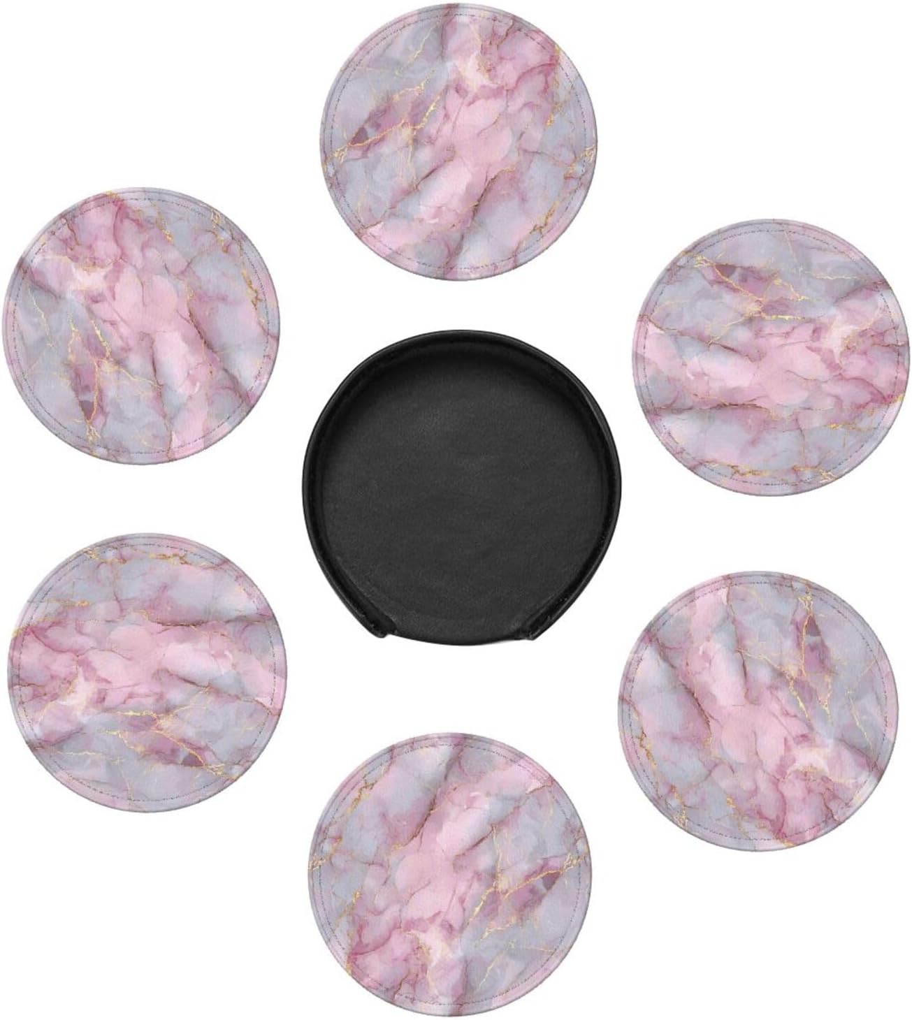 Light Pink Marble with Gold Premium Leather Coasters, Set of 6 with Holder, Stylish Beverage Coasters for Kitchen Coffee Bar