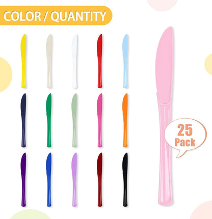 SietDESEO 25 PCS Light Pink Plastic Knives Disposable Utensils Heavy Duty Baby Pink Knives Disposable Cutlery for Birthday Wedding Baby Shower Bridal Shower Plastic Silverware