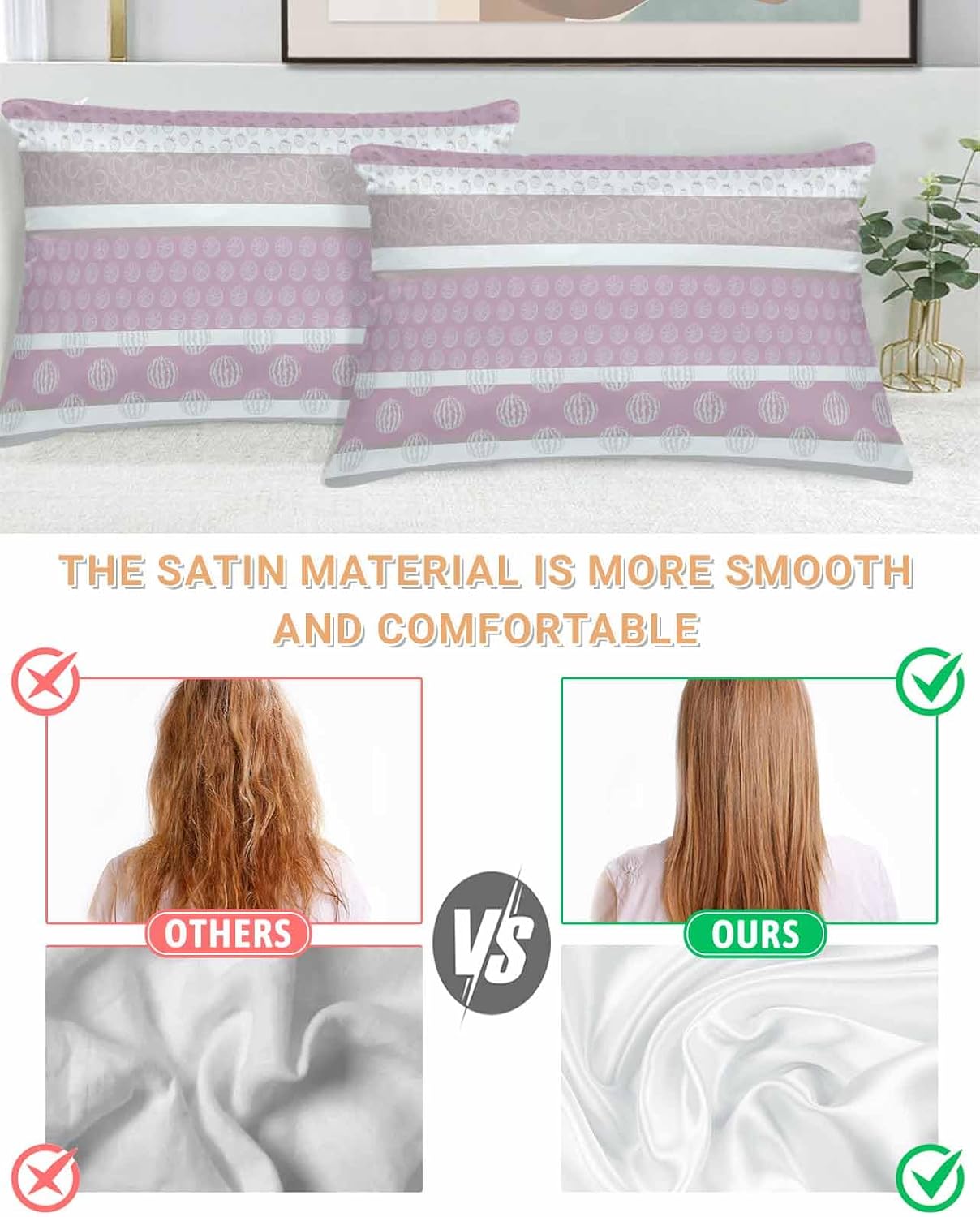 Farm Fruits Satin Pillowcase for Hair and Skin with Zipper, Soft Breathable Cooling Silk Pillow Cases, Watermelon Lemons Peach Pink Grey Striped Throw Pillow Covers Standard Size 20"x26" Set of 2