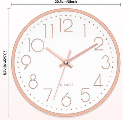 Foxtop 8 Inch Wall Clock Modern Small Wall Clocks Battery Operated Silent Non-Ticking Round Quartz Rose Gold Wall Clock for Office Bedroom Kitchen Home School
