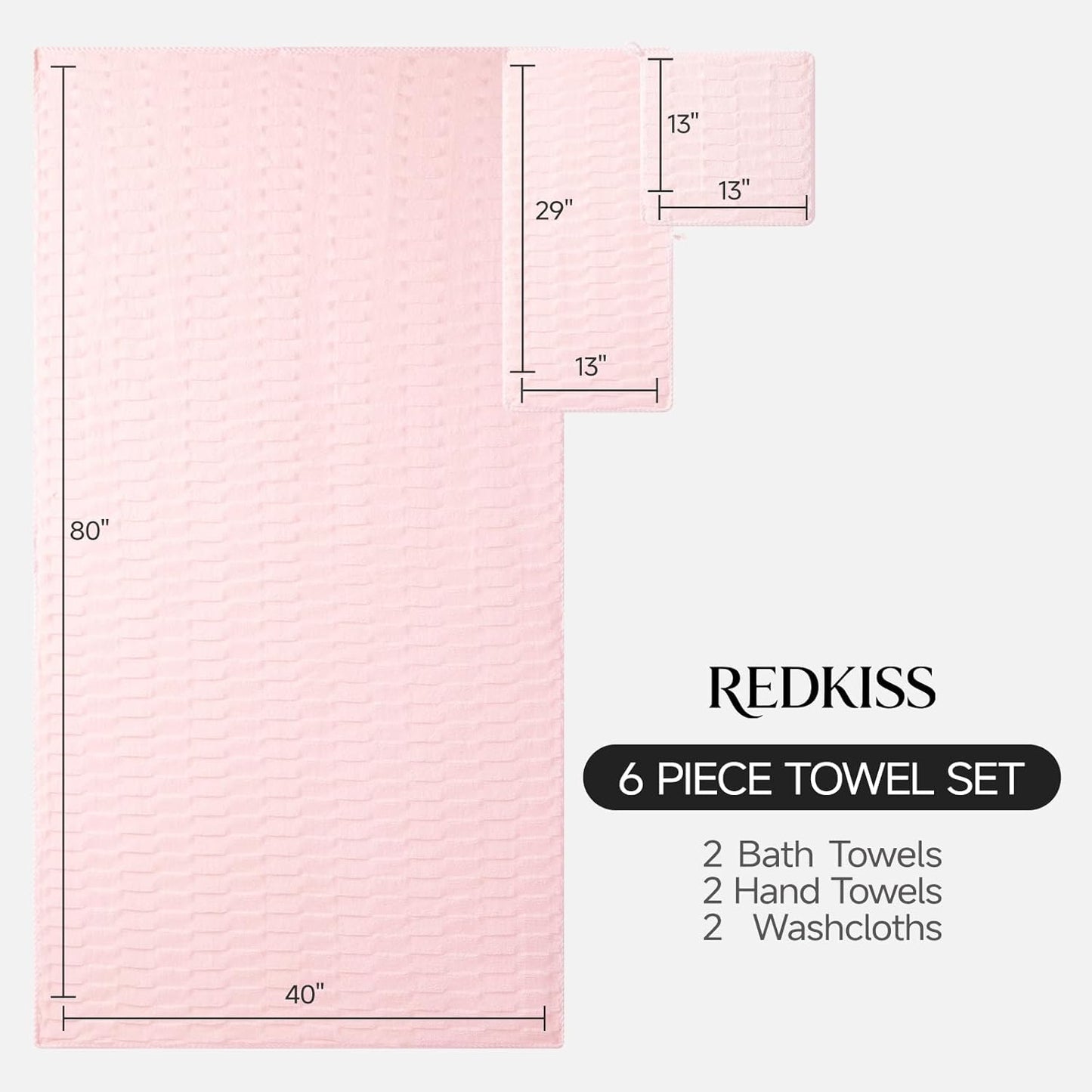 REDKISS Extra Large Bath Towel Set 6-Pack, 2 Bath Sheets(40"x80"), 2 Hand, 2 Washcloths, 670 GSM, Ultra Absorbent & Quick-Dry, Super Soft Pink Towels for Bathroom Hotel Spa Gym