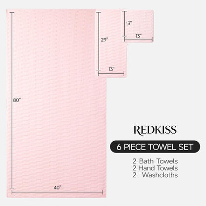 REDKISS Extra Large Bath Towel Set 6-Pack, 2 Bath Sheets(40"x80"), 2 Hand, 2 Washcloths, 670 GSM, Ultra Absorbent & Quick-Dry, Super Soft Pink Towels for Bathroom Hotel Spa Gym