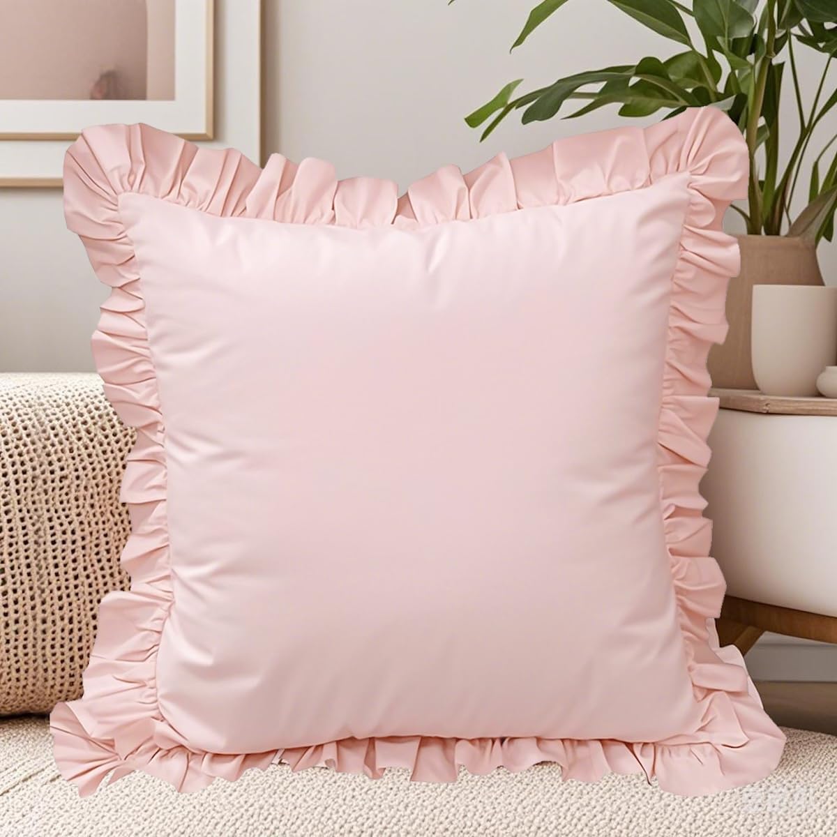 QSH Pink Ruffled Euro Pillow Shams Set of 2, Shabby Boho Chic Farmhouse Euro Pillow Covers Vintage Ultra Soft and Breathable Microfiber Pillowcases 26"x26" for Bedroom