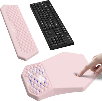 Ergonomic Mouse Pad and Keyboard Wrist Rest Support Set, Massage Design Mousepad for Carpal Tunnel Pain Relief, Memory Foam, Non-Slip PU Base for Computer Desk, Pink
