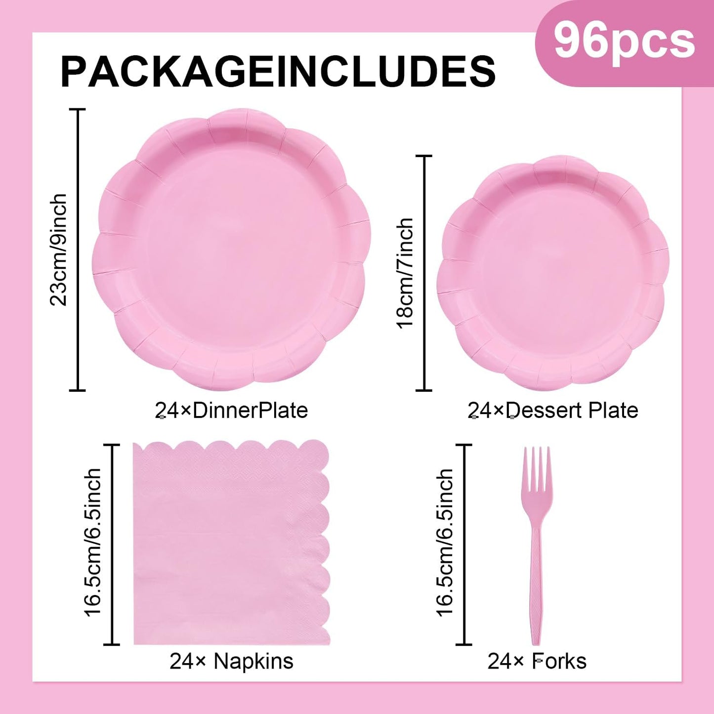 96 Pieces Pink Party Tableware Set – Scalloped Disposable Plates, Napkins and Forks, Solid Pink Party Supplies for Birthday, Baby Shower, Princess Party and Tea Party Decorations
