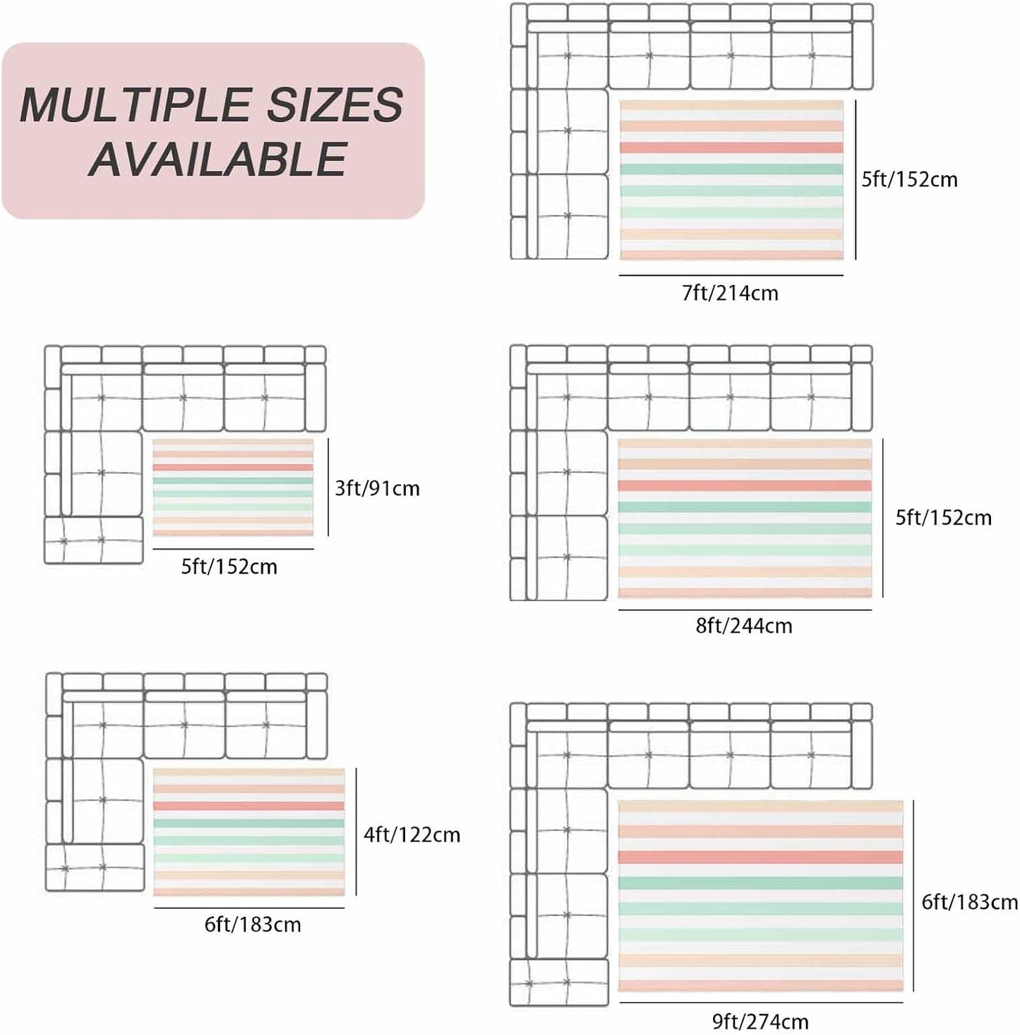 Outdoor Area Rug 3x5ft Washable Patio Rugs, Peach Pink Green Ombre Indoor Outdoor Carpet for Living Room Entryway Porch, Farmhouse Stripe ModernNon-Slip Outside Front Door Mat