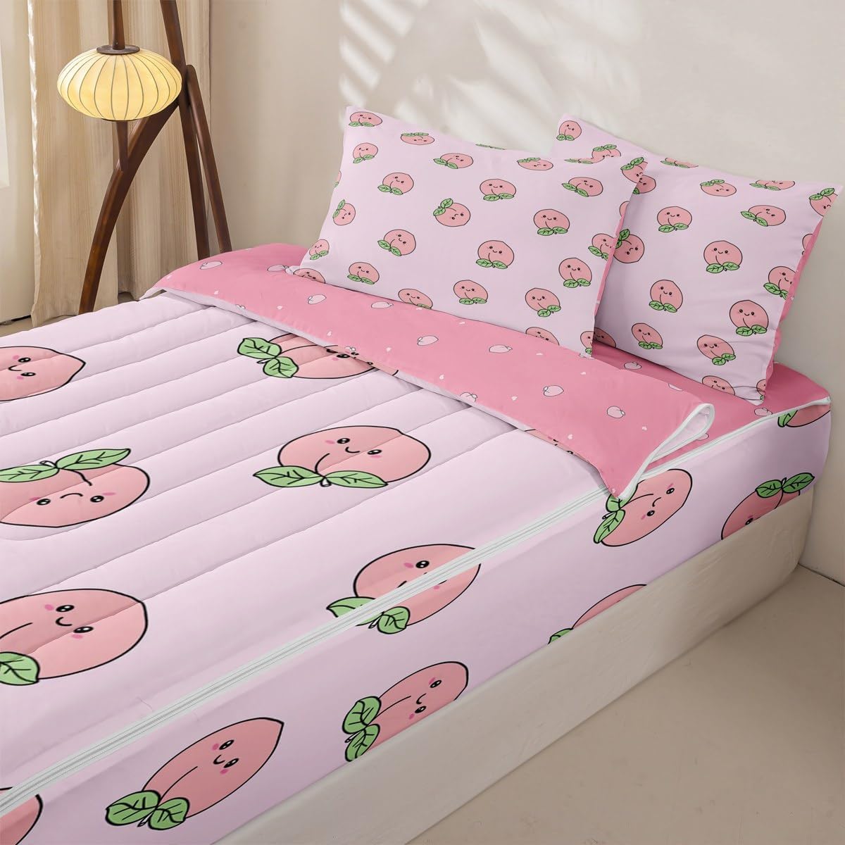 Erosebridal Pink Peach Zipper Bedding Set Twin Size Kids Kawaii Zippered Comforter Set Girl Lovely Cute Fruits Bed in a Bag Cartoon Fruit Food Comforter with Sheets
